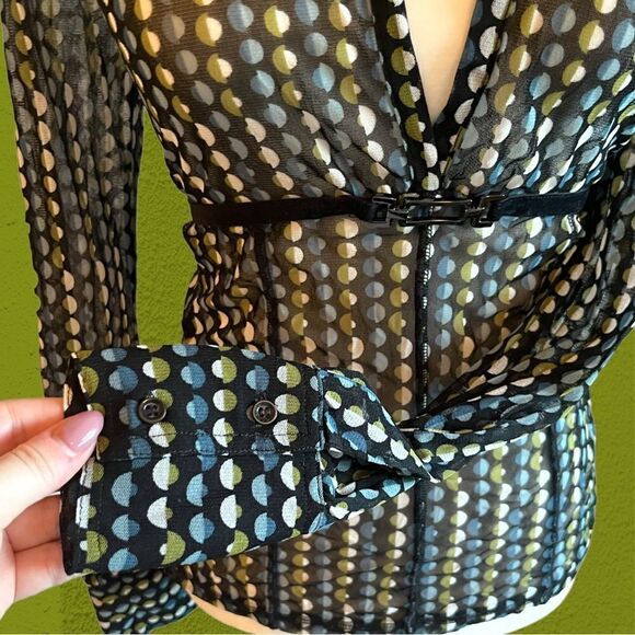 90s vintage Mexx mesh collared shirt deep v neck buckle  detail - Picture 5 of 10